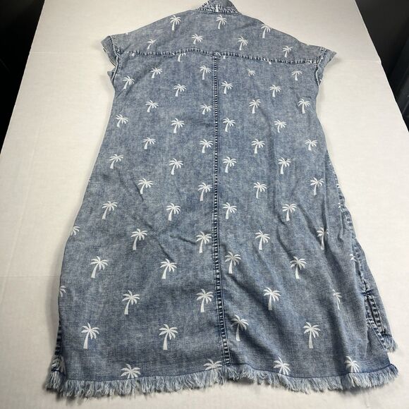 Billy T Palm Tree Print Chambray Button Shirt Dress M Short Sleeve Casual Resort - Picture 8 of 9